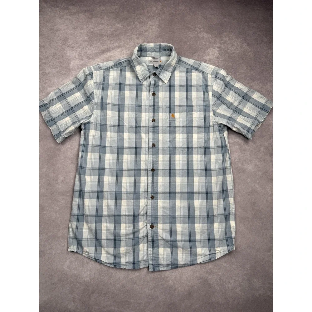 Carhartt Shirt Mens Medium Blue White Plaid Relaxed‎ Fit Button Up Pocket Casual